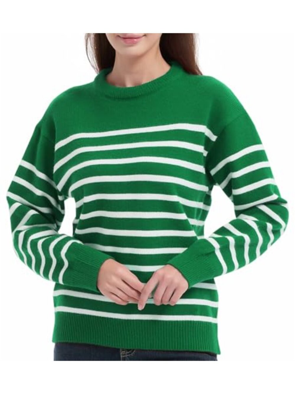 Striped Crewneck Long Sleeve Pullover Sweater Loose Fit Casual Knit Top